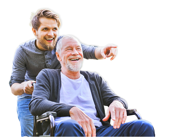 man assisting senior man on wheelchair